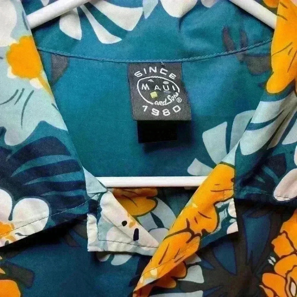 Hawaiian Shirt MAUI & SONS Blue Palm and Floral Pattern Luau Costume L 14-16 - Picture 4 of 4